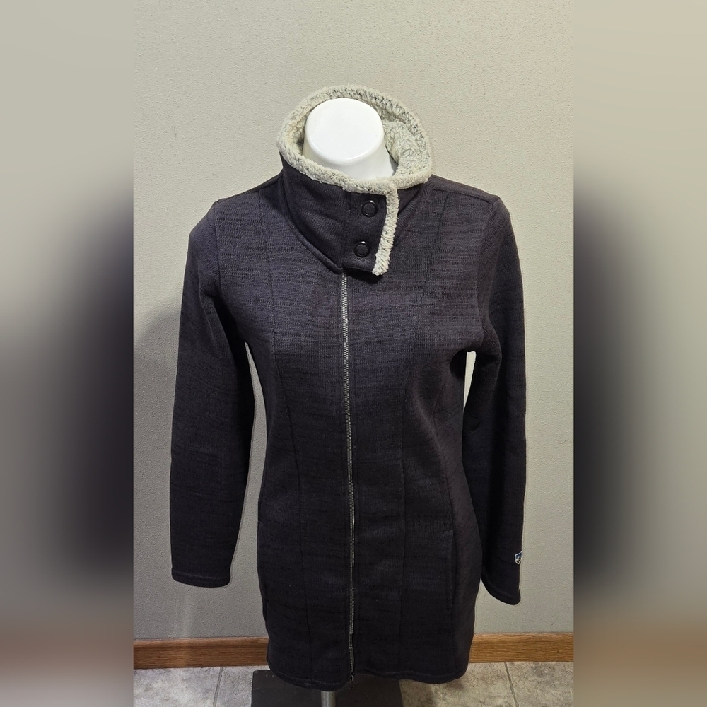 KUHL Alaska Long Knit Sweater Full Zip Jacket Heathered Gray Cream Sherpa Size S